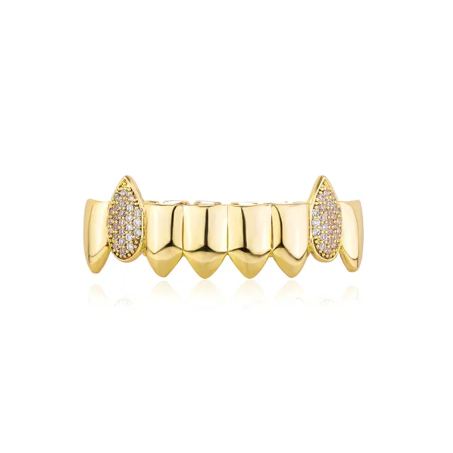 Full Diamond Mixed Embedded Pointed Teeth False Teeth Set Golden Lower Teeth - Shop at LoveMi
