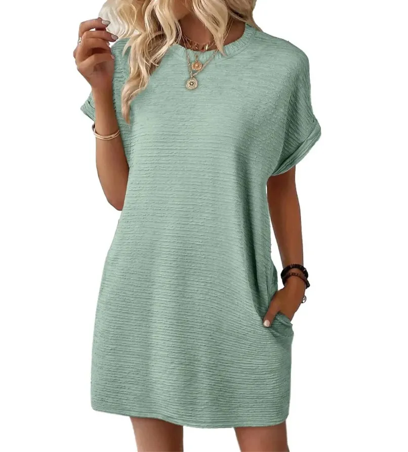 Loose Round Neck Pocket Solid Color Short Sleeve Dress Women - Light Green
