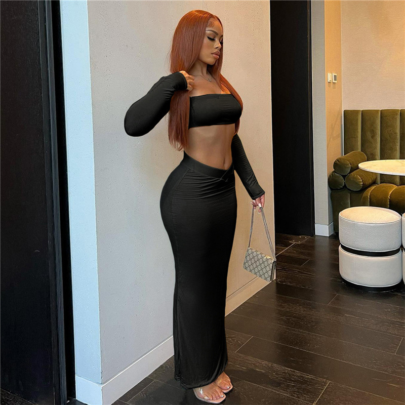 Fashion Square Collar Navel T-shirt Slim Fit Low Waist Hip-wrapped Skirt Suit