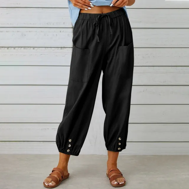 Loose High Waist Button Cotton And Linen Trousers Cropped Pants Wide Leg Women's Pants Black - Shop at LoveMi