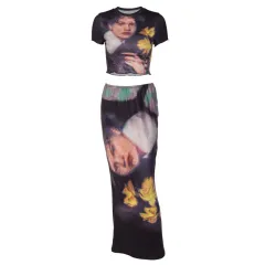 Women's Printed Round Neck Short Sleeve T-shirt Long Dress Suit - View 1