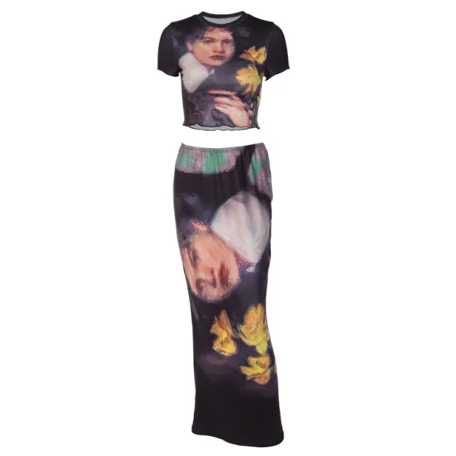 Women's Printed Round Neck Short Sleeve T shirt Long Dress Suit Picture Color S - Shop at LoveMi