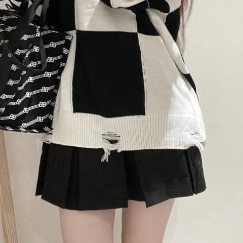 Ripped Plaid Sweater Women's Knitted Blouse Skirt Pleated Skirt - Shop at LoveMi
