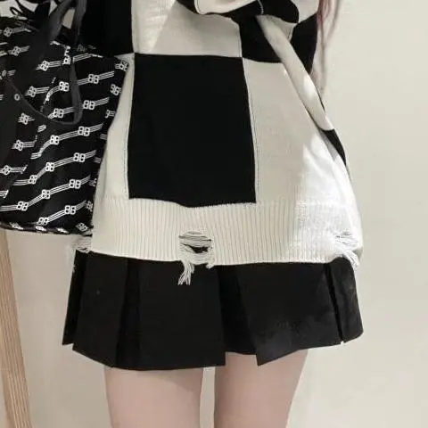 Ripped Plaid Sweater Women's Knitted Blouse - Skirt Pleated Skirt