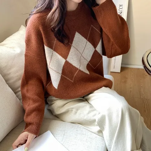 Women's Korean style Casual Rhombus Loose Pullover Sweater Brown - Shop at LoveMi