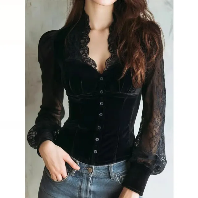 Women's French style Black Velvet And Lace Patchwork Top Black - Shop at LoveMi