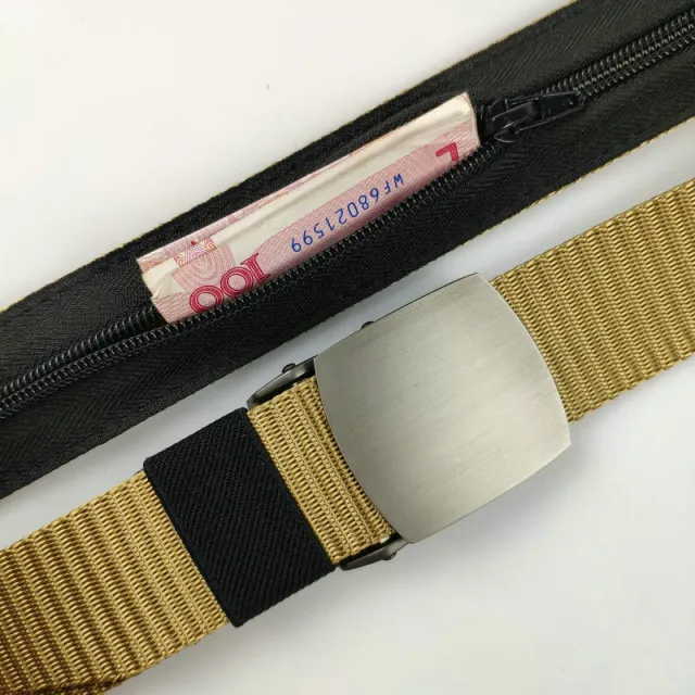 Tank Pattern Alloy Buckle Hidden Money Belt Invisible Zipper Purse Pant Belt Brushed Buckle Khaki - Shop at LoveMi