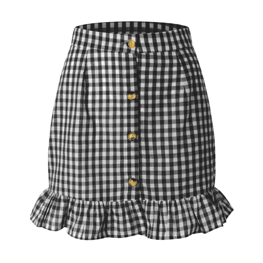 Women's Plaid Lotus Leaf Skirt High Waist - Black