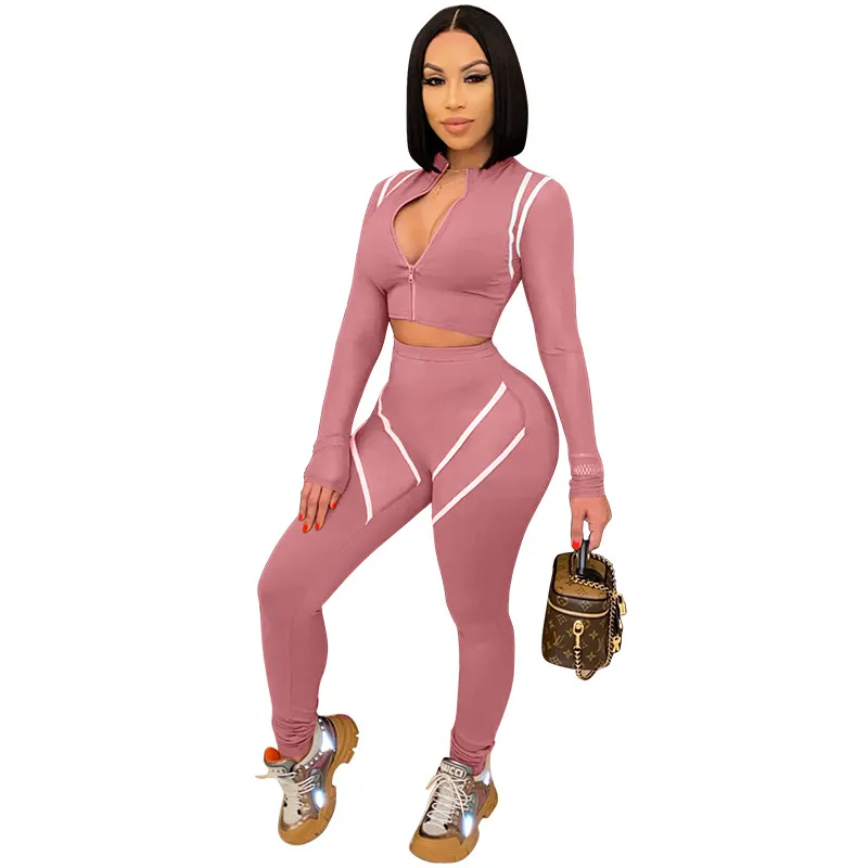 European And American Stitching Contrast Color Plus Size Sports Suit - Pink