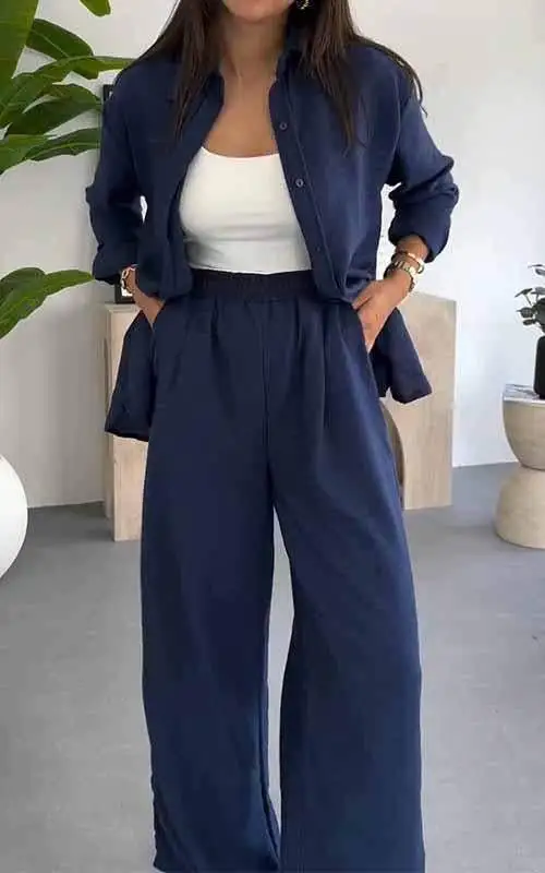 Fashion Solid Color Loose Top Casual Wide Leg Pants Two piece Set Dark Blue - Shop at LoveMi