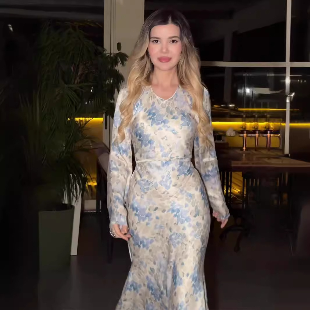 Spring Gentle Satin Printed Ladies Dress