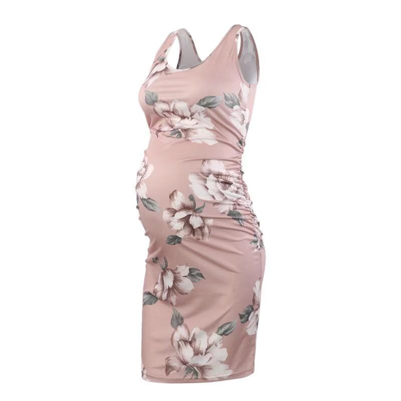 Round Neck Sleeveless Printed Maternity Clothes Dress Lotus Pink - Shop at LoveMi
