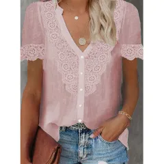Summer New Women's Lace Stitching Tencel Short Sleeve Shirt - Pink - View 1
