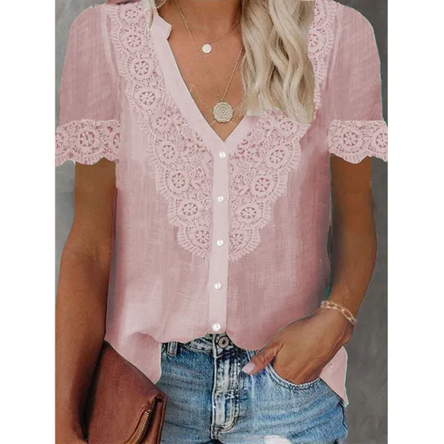 Summer New Women's Lace Stitching Tencel Short Sleeve Shirt Pink - Shop at LoveMi