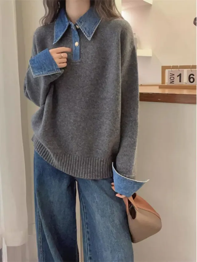 Women's Denim Sleeve Stitching Fake Two Pieces Sweaters Coat New Loose Gray - Shop at LoveMi