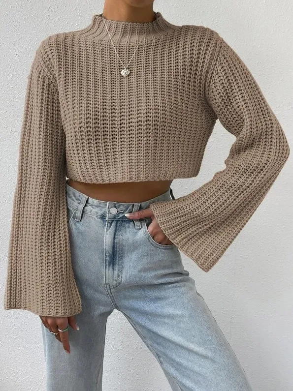 Pure Color All matching High Waist Short Bell Sleeve Mock Neck Sweater Ladies Khaki - Shop at LoveMi