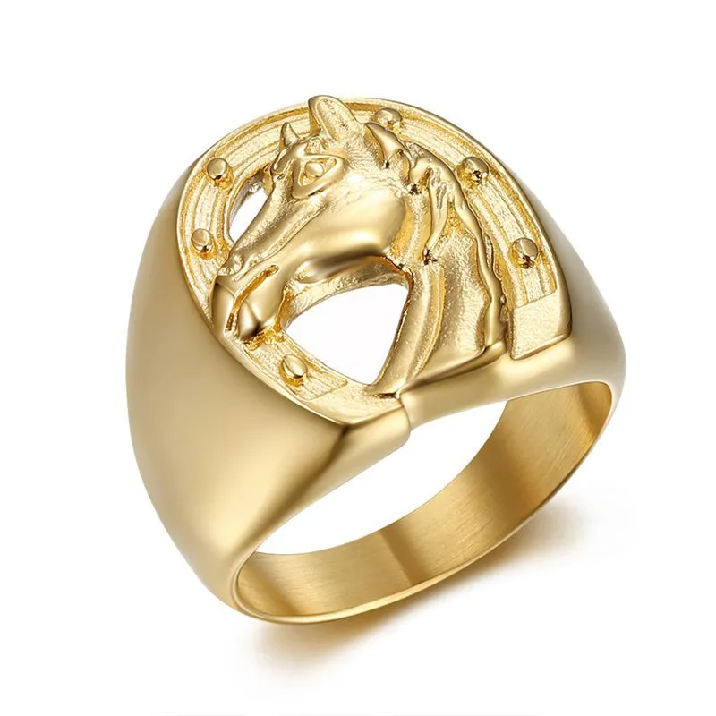 Titanium Steel Vacuum Gold-plated Horse Head Men's Ring - Gold Us Code