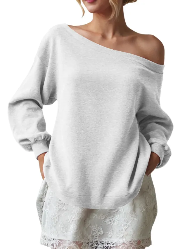 Women's Sweater Casual Solid Color Diagonal Collar Light Gray - Shop at LoveMi