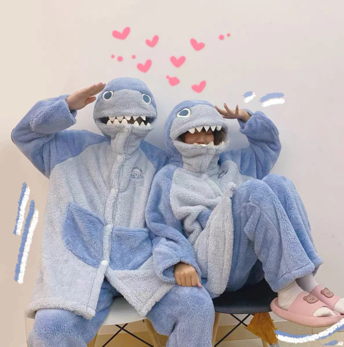 Shark Coral Fleece Couple Pajamas Women Can Wear Outside
