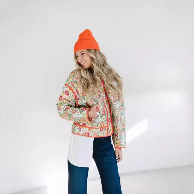 Women's Casual Printed Baggy Coat Jacket Long Sleeve Warm keeping Cotton Clothing Pink - Shop at LoveMi