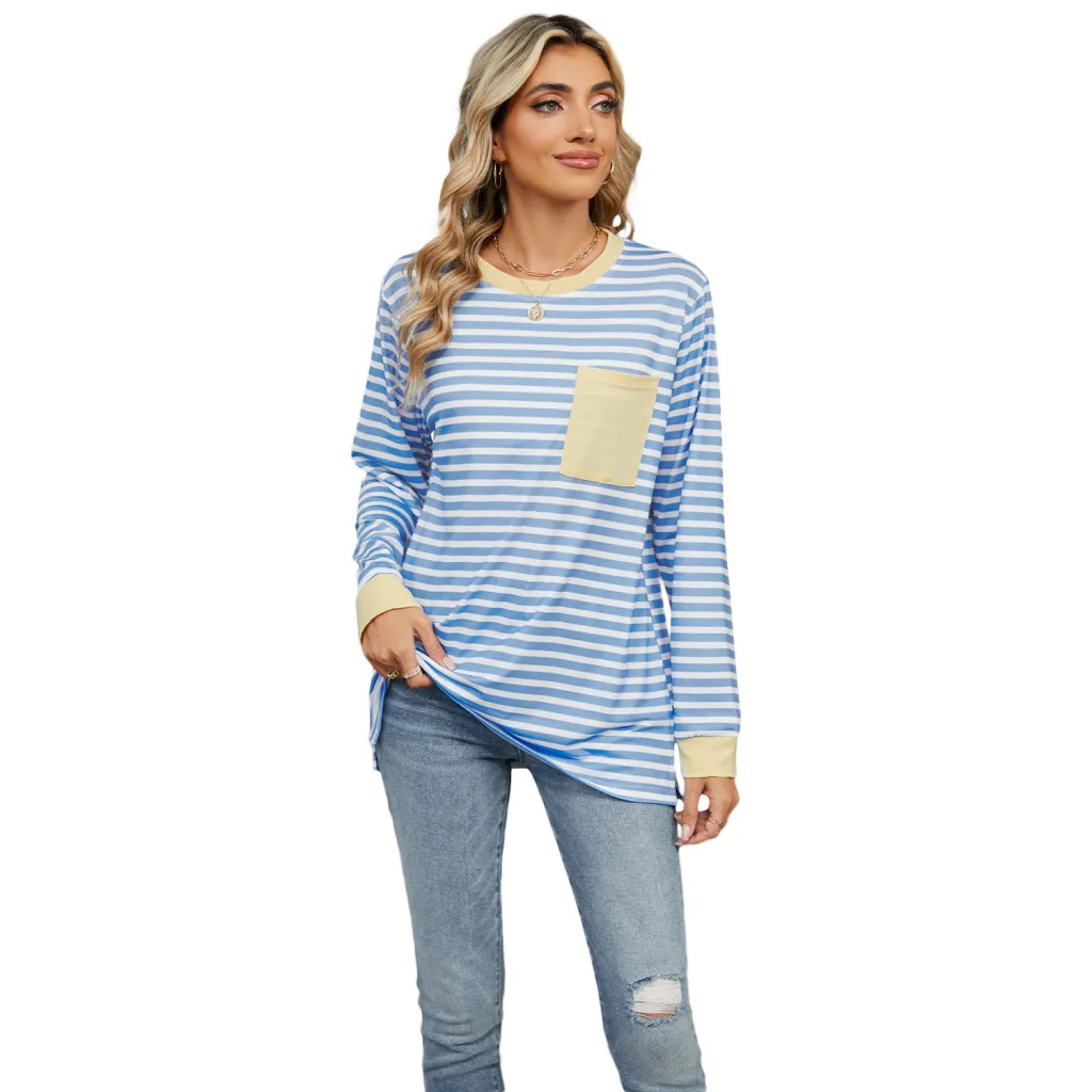 Women's Round Neck Pocket Split Upper Clothes Long Sleeves T-shirt - Blue And White Stripes