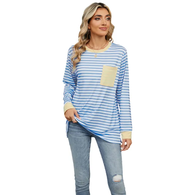 Women's Round Neck Pocket Split Upper Clothes Long Sleeves T shirt Blue And White Stripes - Shop at LoveMi