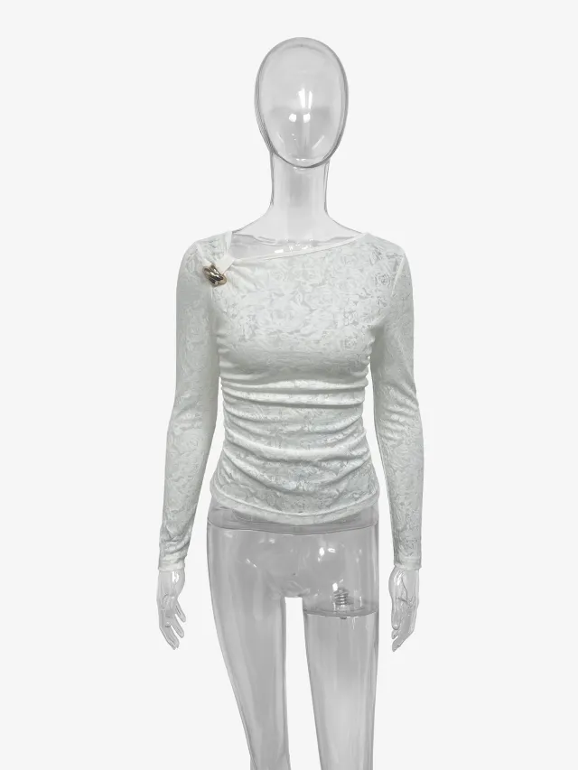 New Womens Versatile Long sleeve Top With An Irregular Sheer Design White - Shop at LoveMi