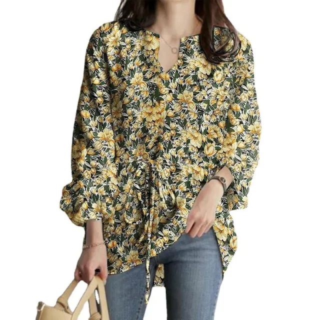 Spring And Autumn New Long Sleeve V neck Floral Print Top Yellow - Shop at LoveMi