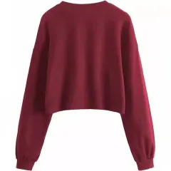 Women's Autumn And Winter New Solid Colour With Fur Loose O-neck Short Sweater - Wine - View 1