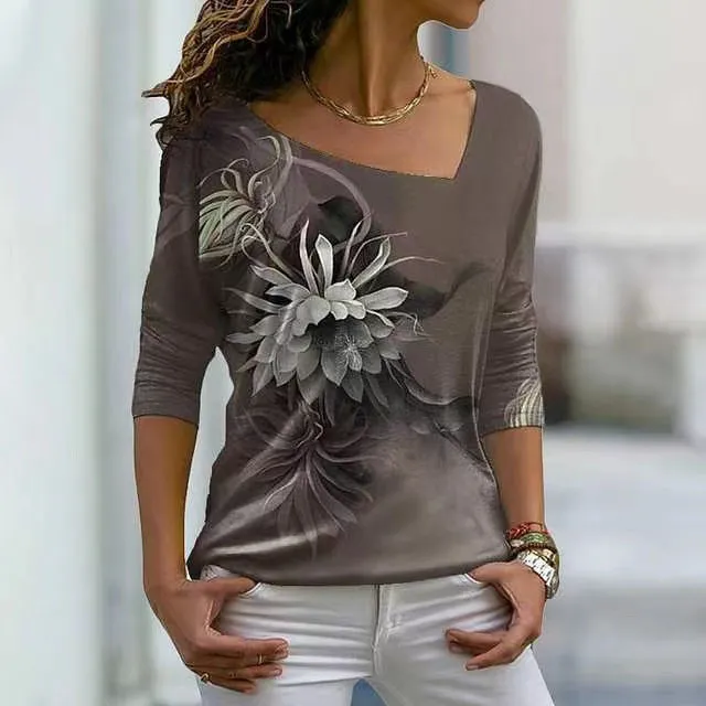 V neck Long sleeved Printed Top Dark Gray - Shop at LoveMi