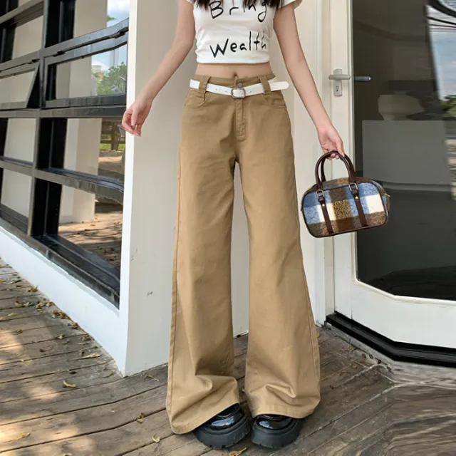 Niche High end Latte Brown Solid Color Loose Wide leg Mid rise Comfortable Floor dragging Pants Latte Brown - Shop at LoveMi