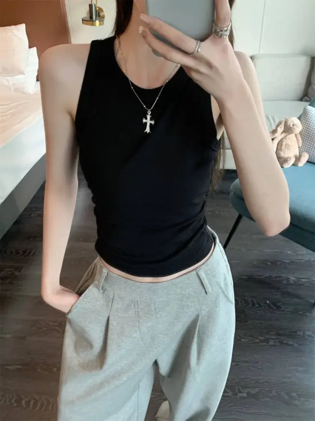 Waist Pleated I shaped Base Ride Sleeveless Outer Wear Style Vest Black - Shop at LoveMi