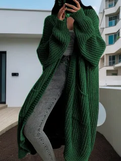 Long Sweater Coat Loose Long-sleeved Knitted Cardigan - Green - View 1