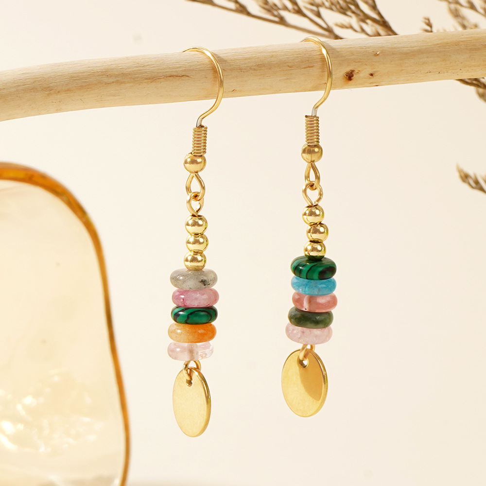 Vintage Style Earrings Oval Piece Mixed Color Natural Stone