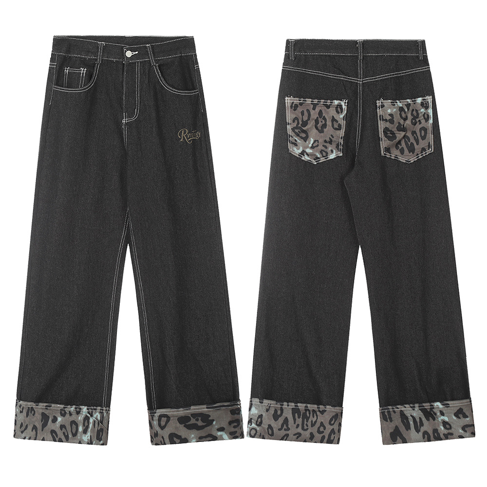 Fashion Stitching Denim Straight-leg Trousers Men