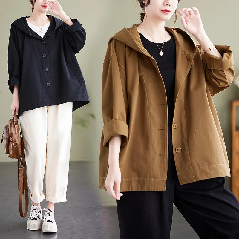 Hooded Loose Coat Women Retro Khaki Casual Cotton Artistic