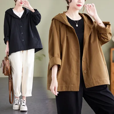 Hooded Loose Coat Women Retro Khaki Casual Cotton Artistic Stitching Women