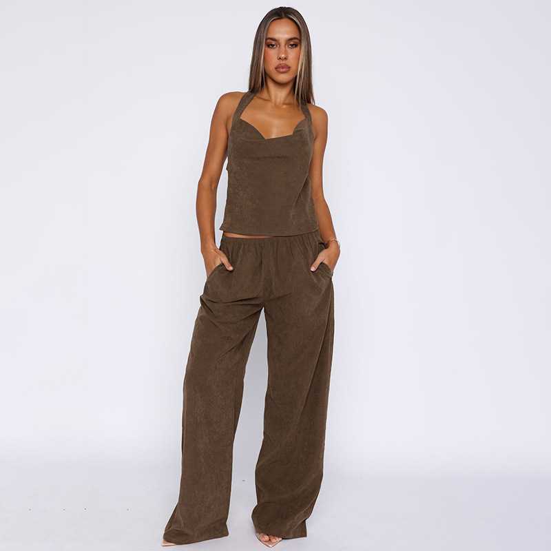 Solid Color Sleeveless Cross Strap Straight leg Trousers Suit Brown - Shop at LoveMi