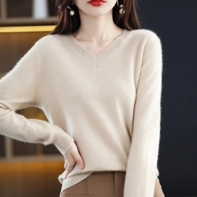 Women's Knitted Bottoming Shirt Versatile Cashmere Sweater Loose Outer Wear Raw Velvet Rice Xxl 135 To 150 - Shop at LoveMi