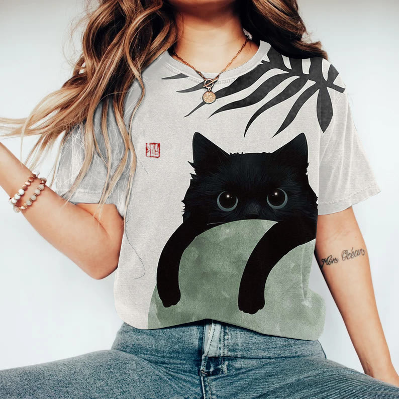 Creative Cat Pattern Printed Digital-Print Short-Sleeve Womens T-Shirt