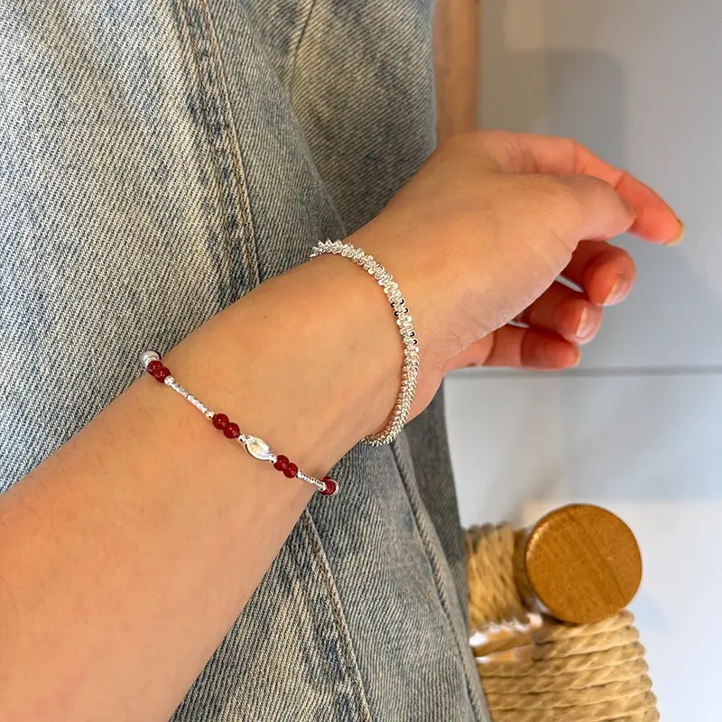 925 Sterling Silver Carven Design Round Beads Red Agate Bracelet