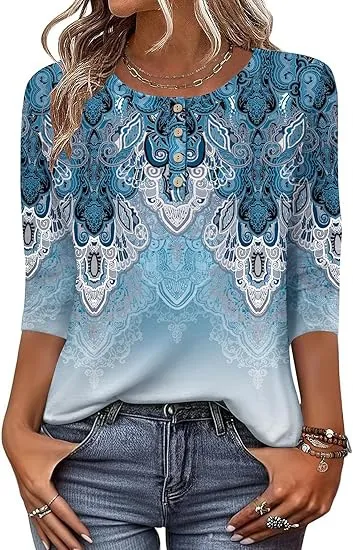 Printed 34 Sleeves Button Women's T shirt Sky Blue - Shop at LoveMi
