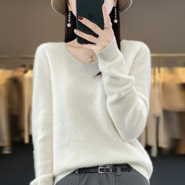 Women's Wool Sweater V neck Autumn And Winter New Solid Color Loose fitting Versatile Wool Loose Bottoming Shirt White - Shop at LoveMi