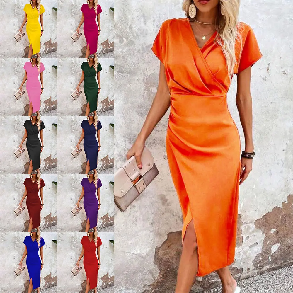 Slim-fit Short-sleeved Dress Fashion Sexy Split V-neck Summer Women's