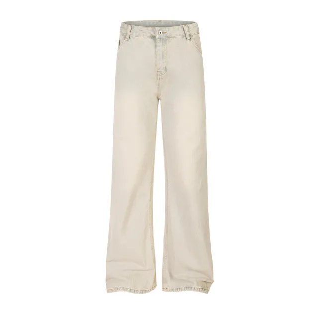 Punk Wash Denim Distressed Straight leg Trousers Street Fashion Retro Apricot - Shop at LoveMi