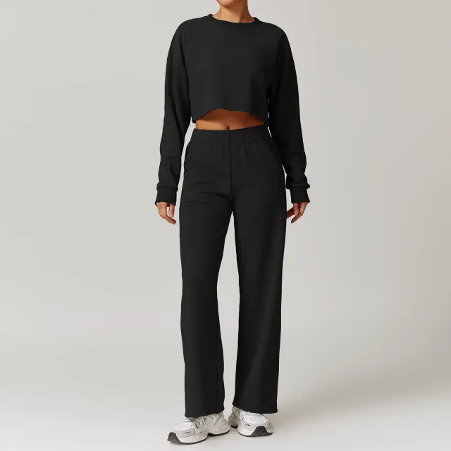 Autumn And Winter Leisure Sports Suit Women's High Waist Wide Leg Advanced Black - Shop at LoveMi