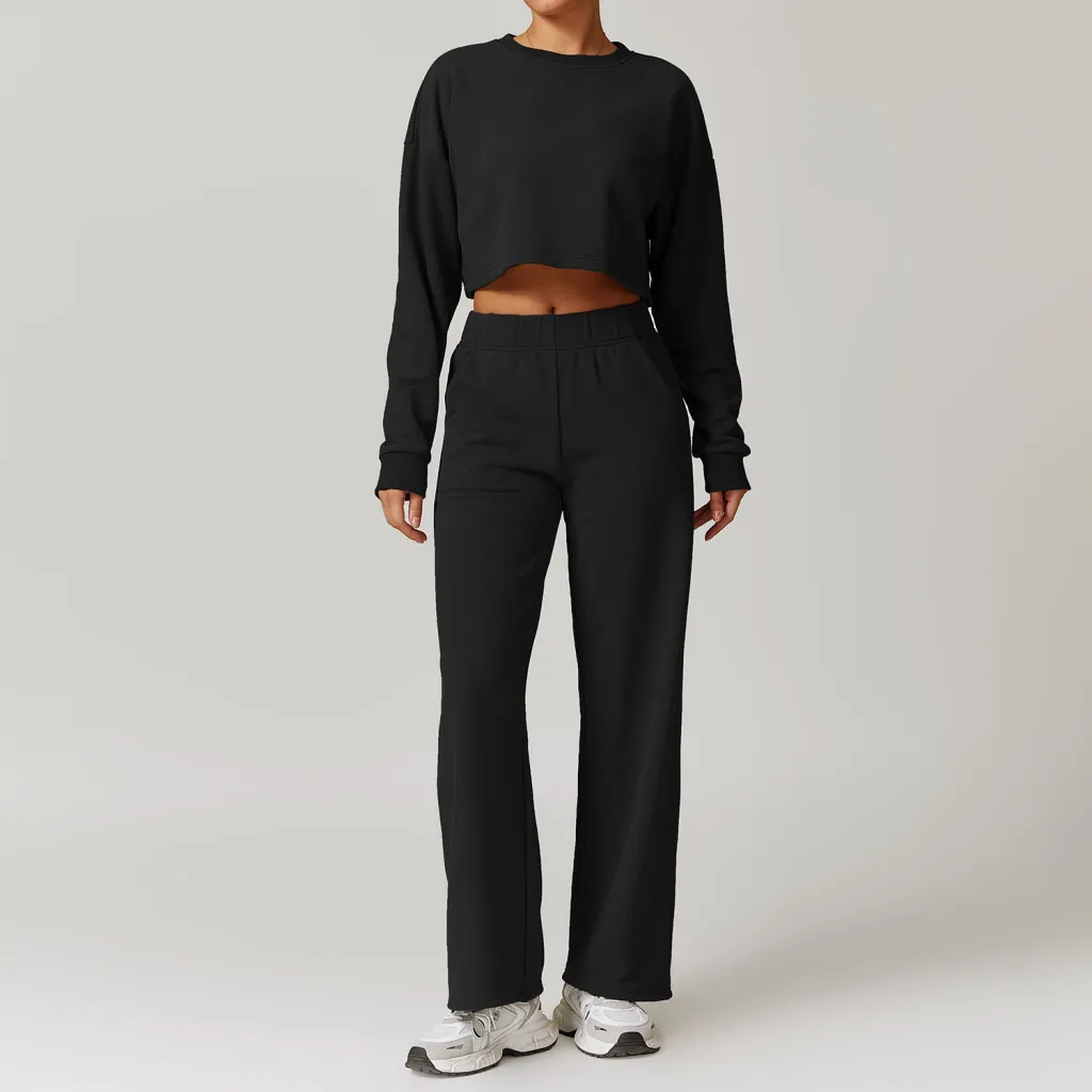 Autumn And Winter Leisure Sports Suit Women's High Waist Wide Leg - Advanced Black