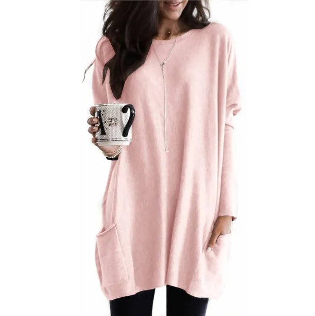 New Autumn Long Sleeve Casual Pocket T shirt Top For Women Pink - Shop at LoveMi