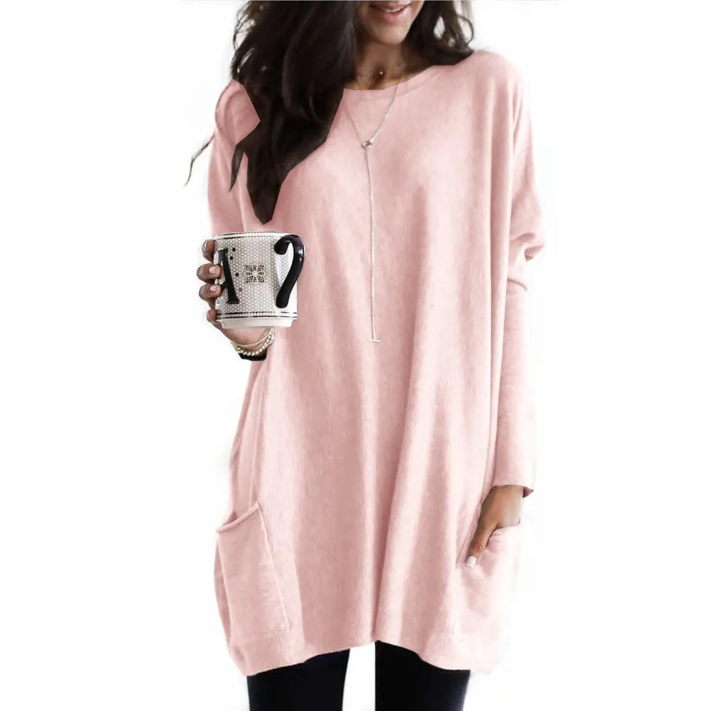 New Autumn Long Sleeve Casual Pocket T-shirt Top For Women - Pink