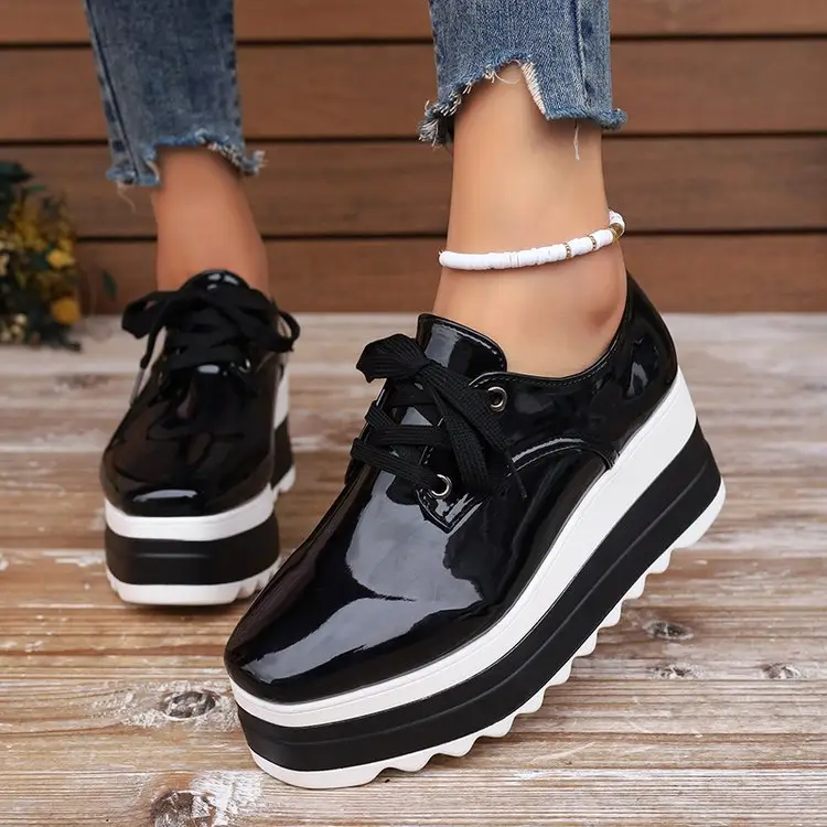 Womens Lace-up Square-toe Patent Leather Platform Wedge